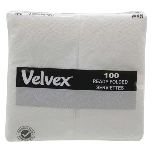 Velvex Ready Folded Serviettes 100 sheets — individual retail pack